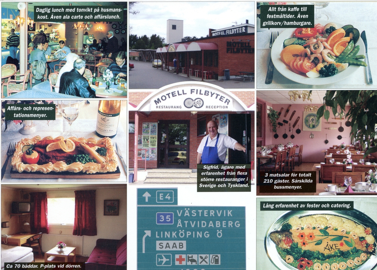 Vykort från Motell Filbyter på 1990-talet. Reklam för motellet vid gamla Riksettan i Tallboda. Restaurang. Meny. 
Bilder ur Motell Filbyters arkiv.