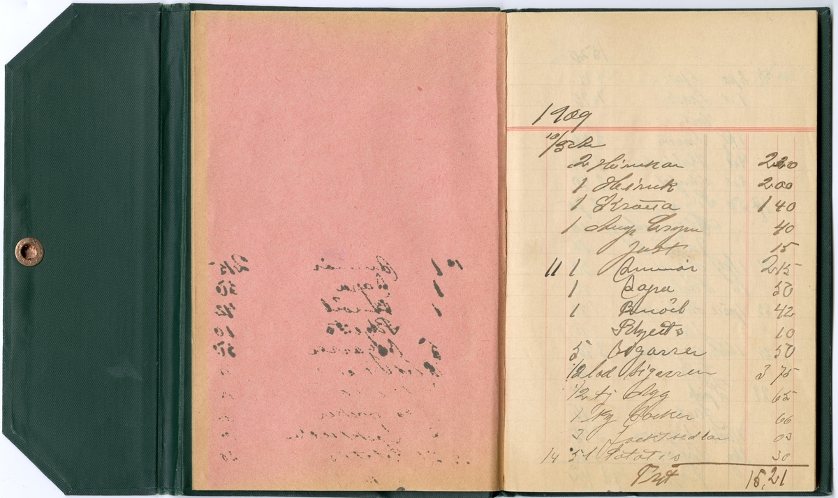 Grönt klot, med extra omslag för att stänga boken med tryckknapp på baksidan.
Präglad pärm med blommönstrad ram. Texten i guldprägling.