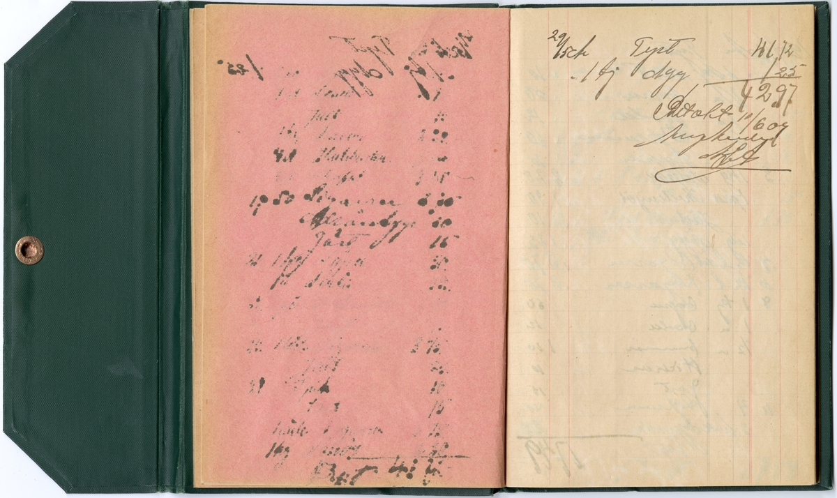 Grönt klot, med extra omslag för att stänga boken med tryckknapp på baksidan.
Präglad pärm med blommönstrad ram. Texten i guldprägling.