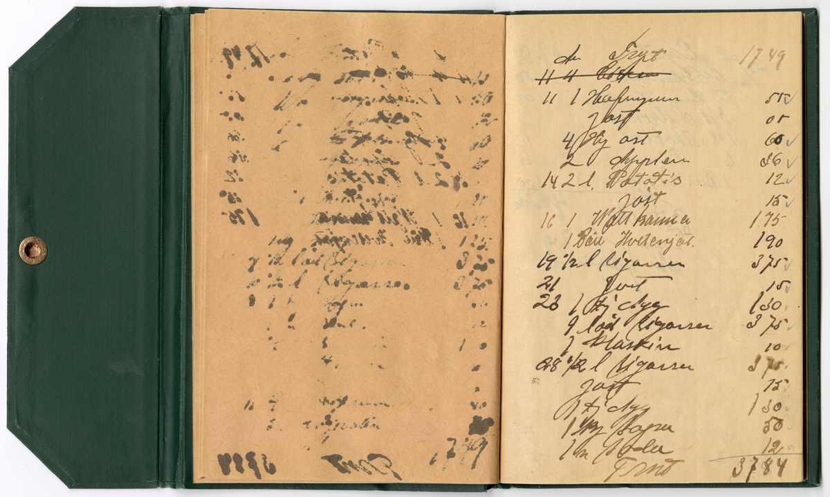 Grönt klot, med extra omslag för att stänga boken med tryckknapp på baksidan.
Präglad pärm med blommönstrad ram. Texten i guldprägling.