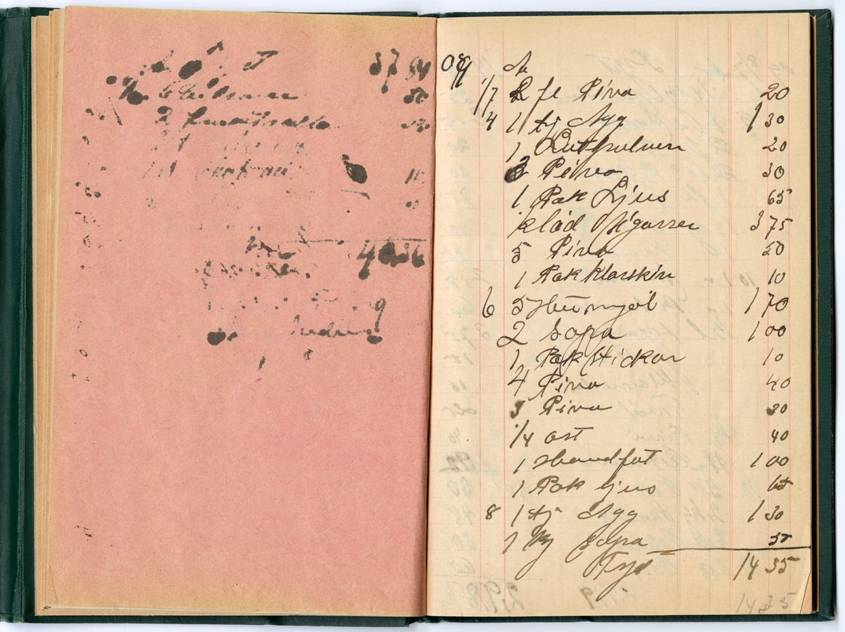 Grönt klot, med extra omslag för att stänga boken med tryckknapp på baksidan.
Präglad pärm med blommönstrad ram. Texten i guldprägling.