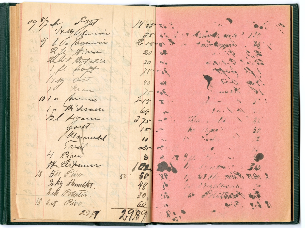 Grönt klot, med extra omslag för att stänga boken med tryckknapp på baksidan.
Präglad pärm med blommönstrad ram. Texten i guldprägling.