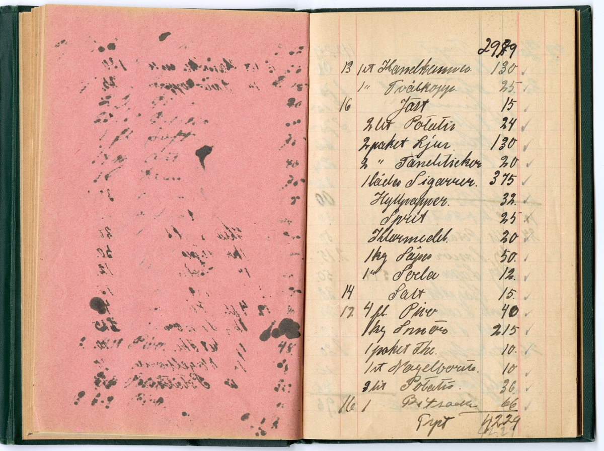 Grönt klot, med extra omslag för att stänga boken med tryckknapp på baksidan.
Präglad pärm med blommönstrad ram. Texten i guldprägling.