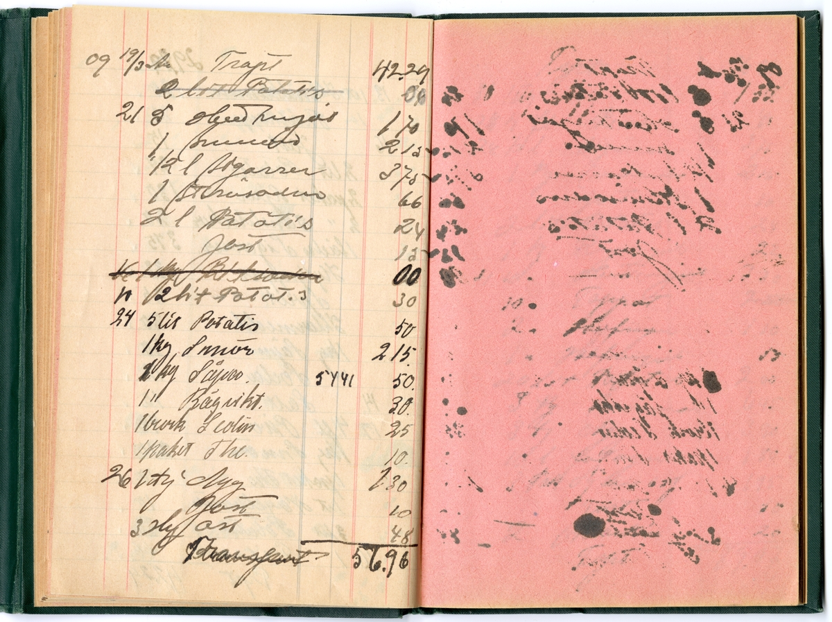 Grönt klot, med extra omslag för att stänga boken med tryckknapp på baksidan.
Präglad pärm med blommönstrad ram. Texten i guldprägling.