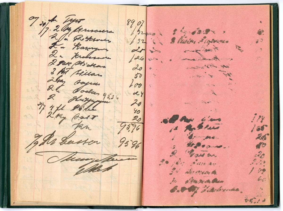 Grönt klot, med extra omslag för att stänga boken med tryckknapp på baksidan.
Präglad pärm med blommönstrad ram. Texten i guldprägling.