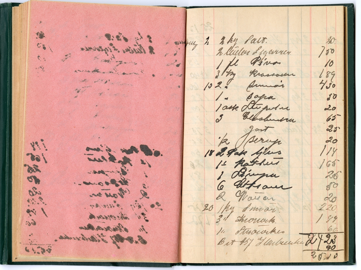 Grönt klot, med extra omslag för att stänga boken med tryckknapp på baksidan.
Präglad pärm med blommönstrad ram. Texten i guldprägling.