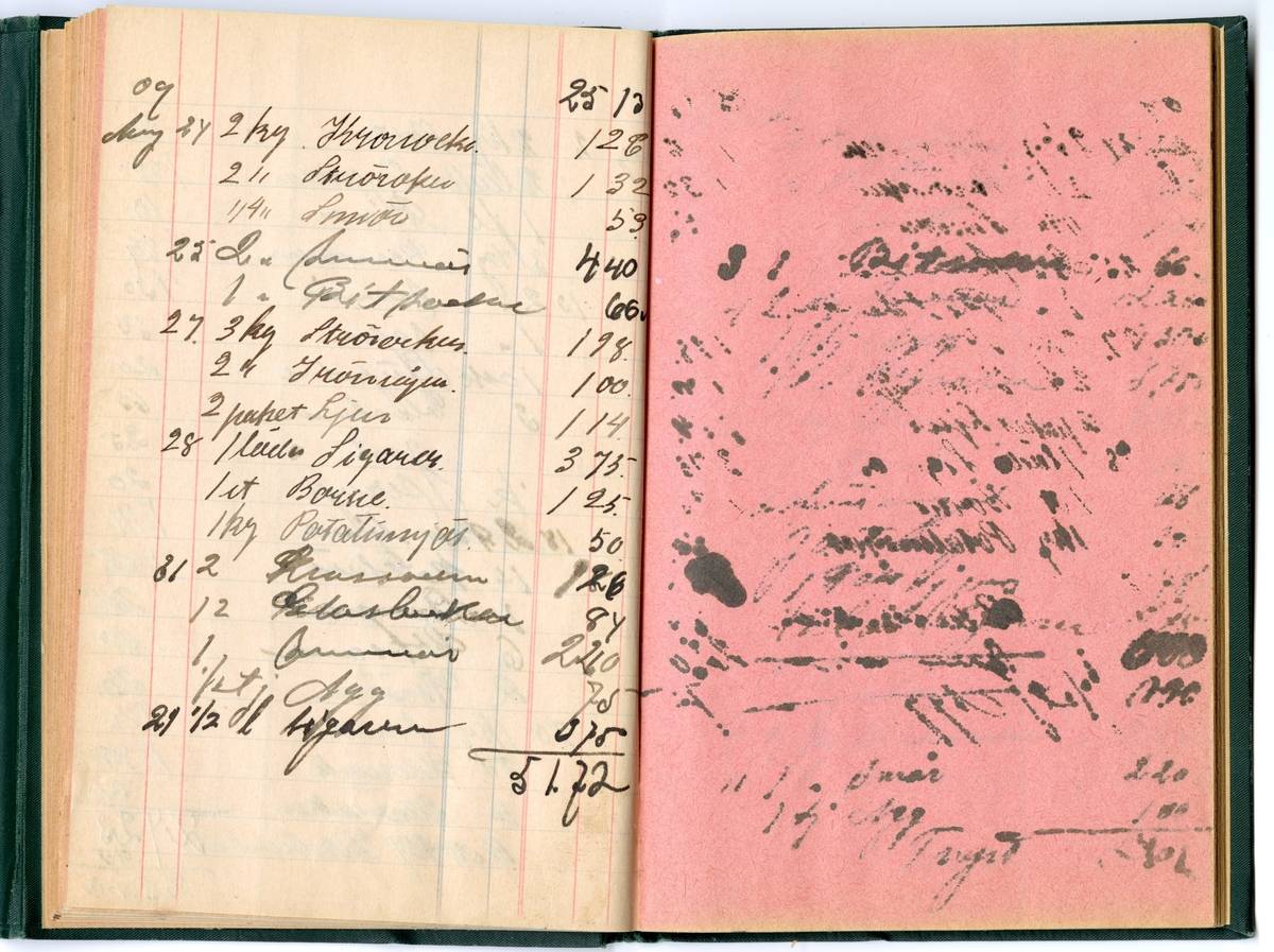 Grönt klot, med extra omslag för att stänga boken med tryckknapp på baksidan.
Präglad pärm med blommönstrad ram. Texten i guldprägling.