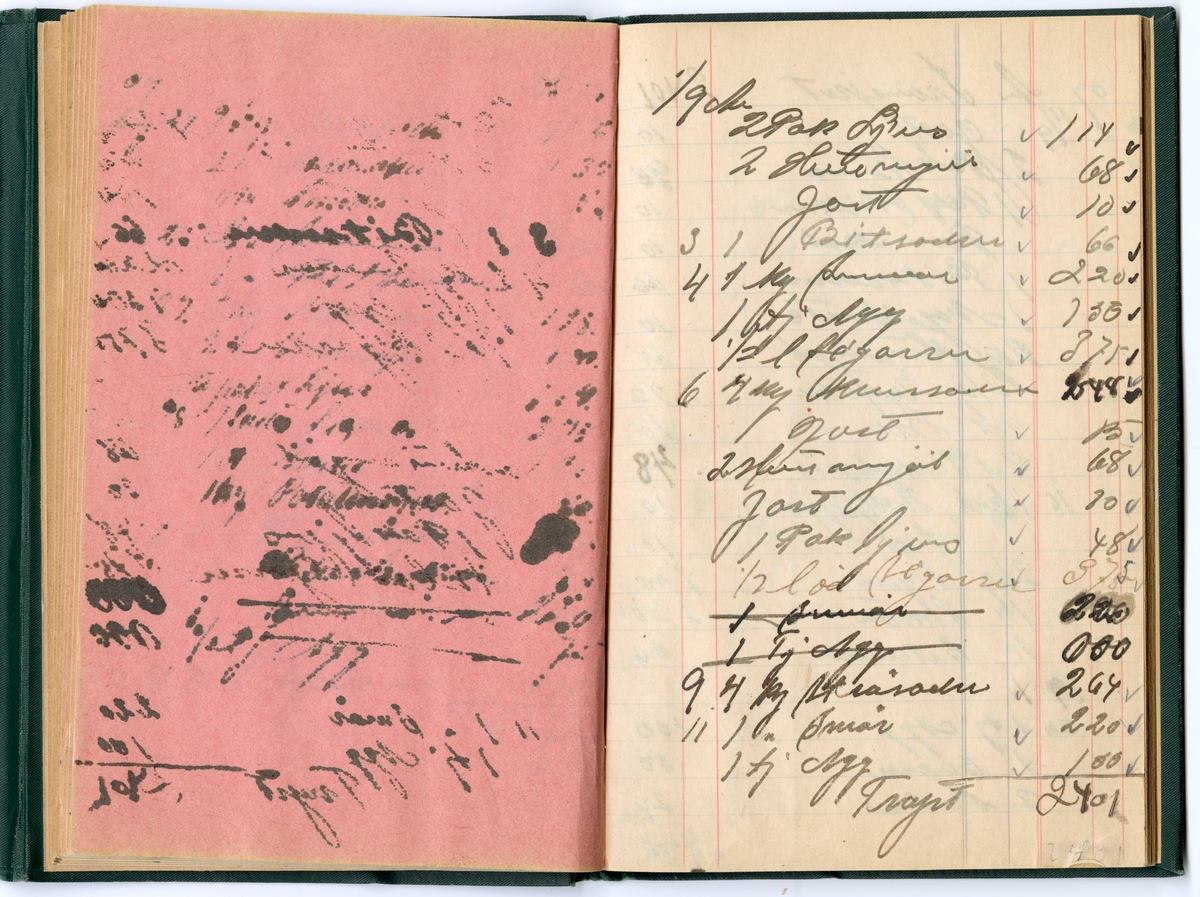 Grönt klot, med extra omslag för att stänga boken med tryckknapp på baksidan.
Präglad pärm med blommönstrad ram. Texten i guldprägling.