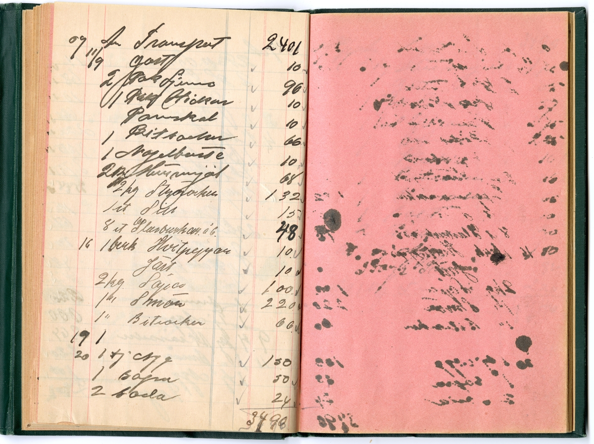 Grönt klot, med extra omslag för att stänga boken med tryckknapp på baksidan.
Präglad pärm med blommönstrad ram. Texten i guldprägling.