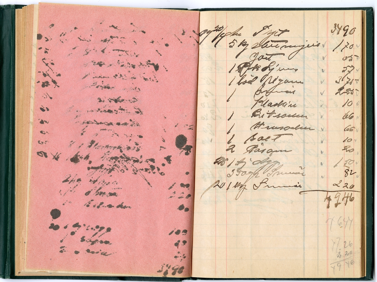 Grönt klot, med extra omslag för att stänga boken med tryckknapp på baksidan.
Präglad pärm med blommönstrad ram. Texten i guldprägling.