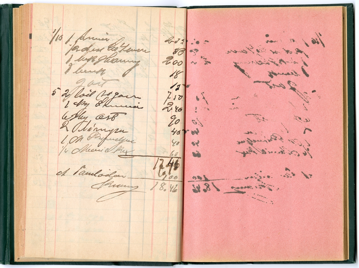 Grönt klot, med extra omslag för att stänga boken med tryckknapp på baksidan.
Präglad pärm med blommönstrad ram. Texten i guldprägling.