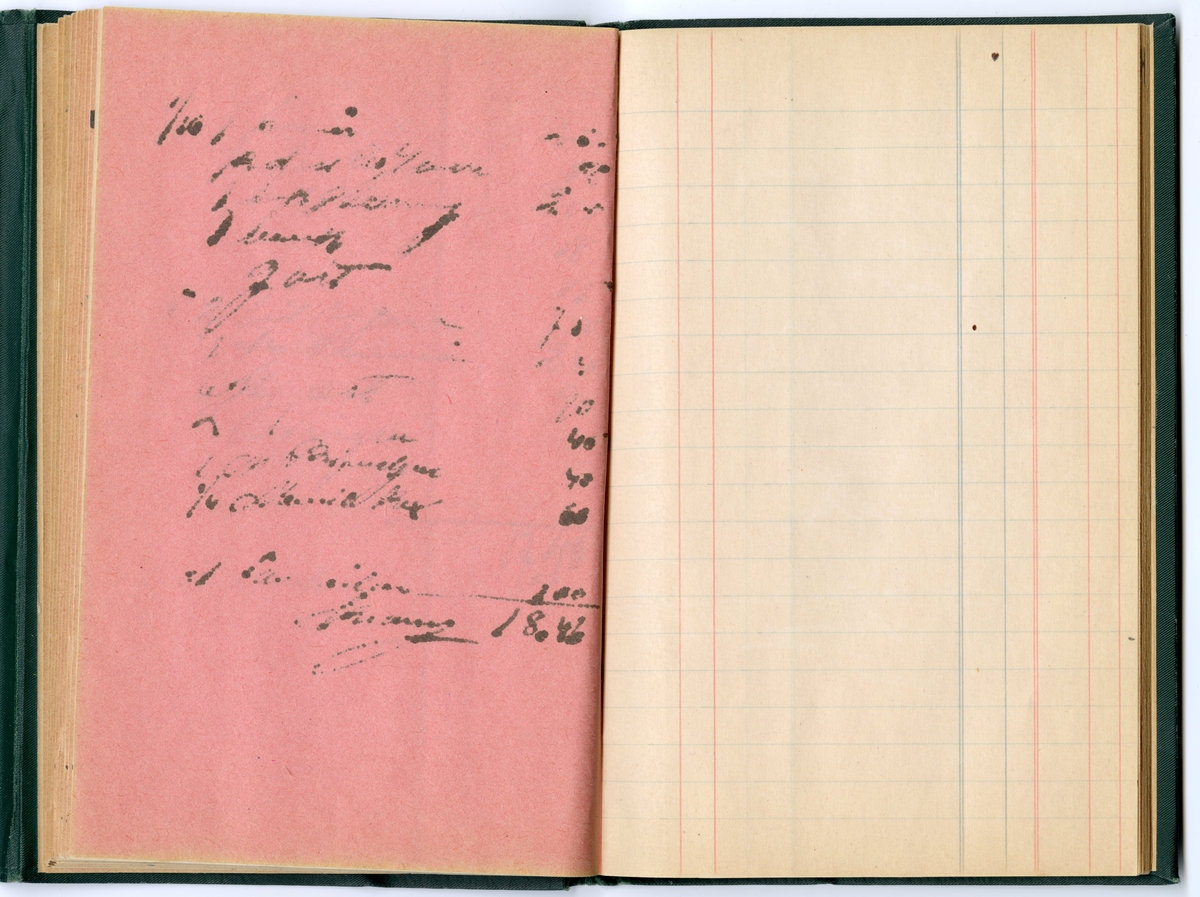 Grönt klot, med extra omslag för att stänga boken med tryckknapp på baksidan.
Präglad pärm med blommönstrad ram. Texten i guldprägling.