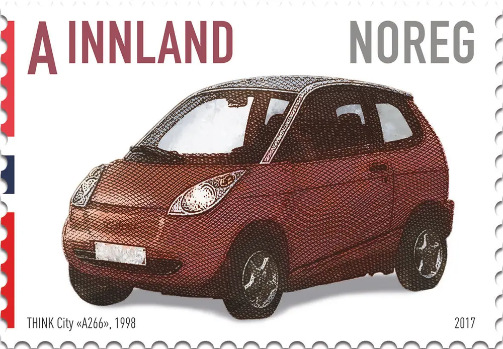 Bildet viser frimerke med bilde av bilen Think City "A266".