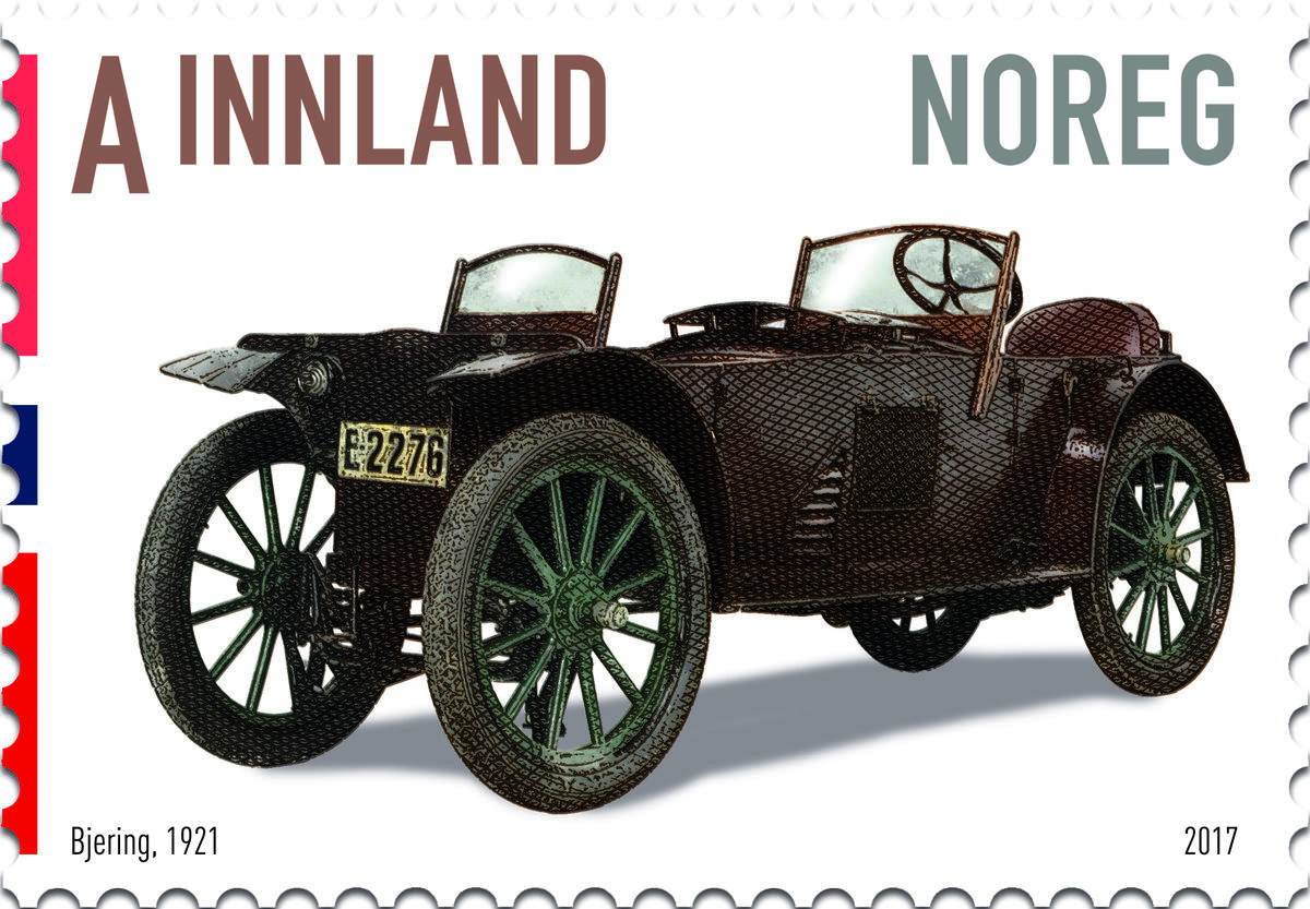 Bildet viser frimerke med bilde av bilen Bjering.