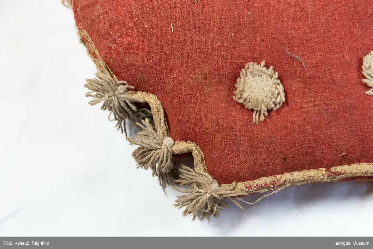 Sledepute i raudbrunt ulltøy. Pute til både sete og rygg. Ryggdelen av puta har kroneform, medan den andre enden er noko boga. To like sideflater med ca. 5,5 cm høg kant rundt heile puta. Sledeputa er trekt med raudbrunt ulltøy (plysj). Saumane er kasta saman med lys tråd, og kanta med lys gråfult toskaftvove ullband med duskar i hjørnene. Det er same type dekor på begge sidene, delvis applikert og delvis brodert i fargane lys grågult, blått og raudbrunt. Dekoren er to løver med krone, og øks med boga skaft i framføtene. Dessutan er det påsett 12 duskar av lyst grågult ullgarn, 3 av duskane på eine sida er borte. Inni puta er turka gras. Fargane er ein del falma, og puta har nokre hol av ulik storleik. Noko av kantinga rundt er òg manglande. 