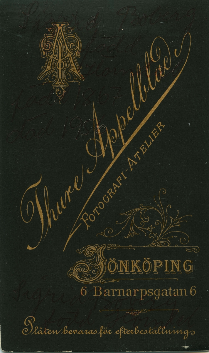 Porträtt på Sigrid Boberg. Född Hörndahl år 1867 död 1956.