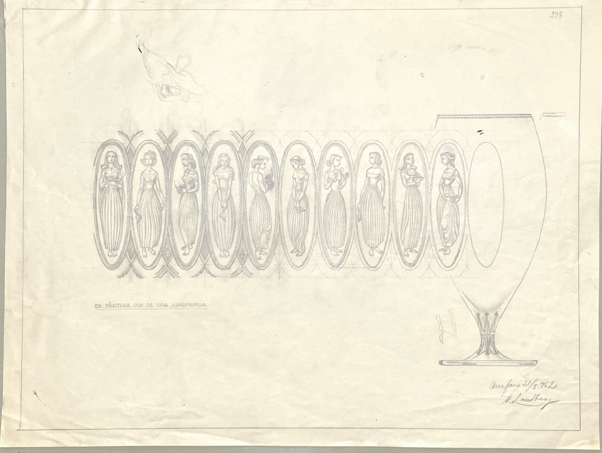 Formgivare: Nils Landberg. Pokal på fot "De fåvitska och de visa jungfrurna". Ovoid kupa och uppsvängd fot med omvikt kant. Runt kupan graverad dekor i form av tio medaljonger med olika kvinnofigurer.