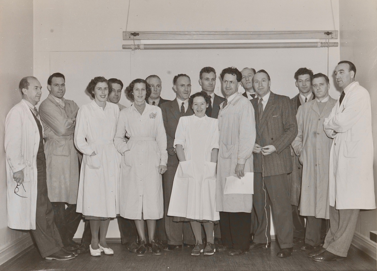 Gruppebilde av kvinner og menn, noen iført labfrakker.
