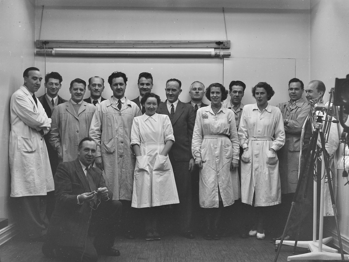 Gruppebilde av kvinner og menn, noen iført labfrakker.