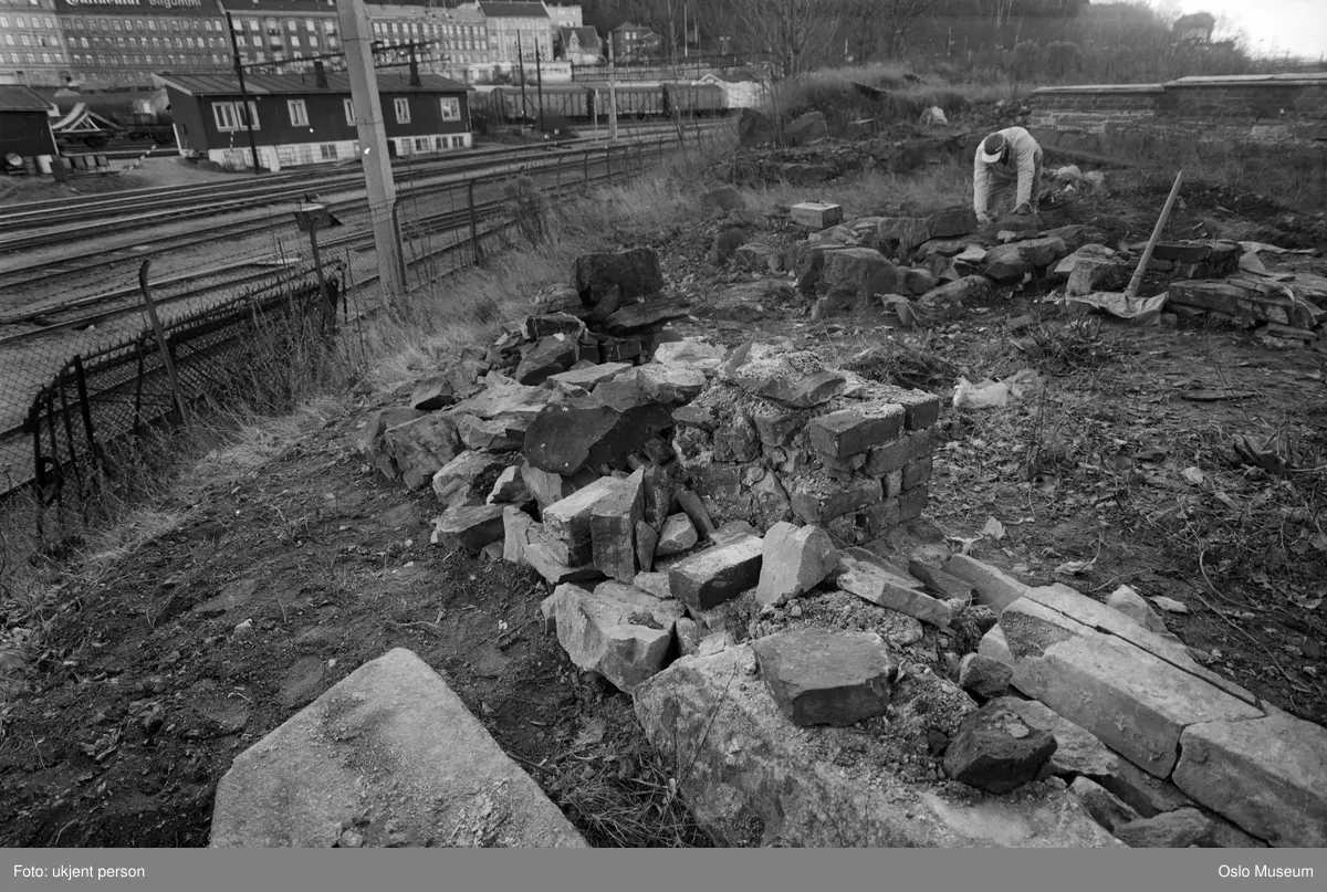 arkeologiske utgravninger i Middelalderparken, ruiner, mann, jernbane, bygårder