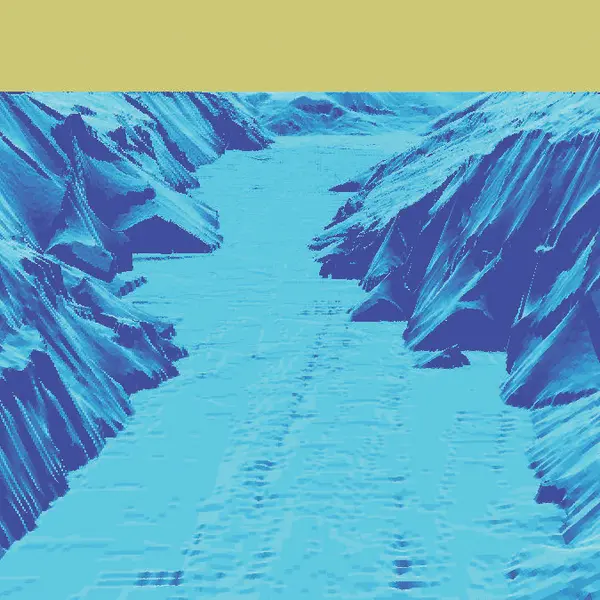 Datagenerert bilde av det undersjøiske landskapet i en fjord. Vises i ulike blåsjatteringer. Det som er over vannflaten er uten data, og fremstår som en gul himmel.