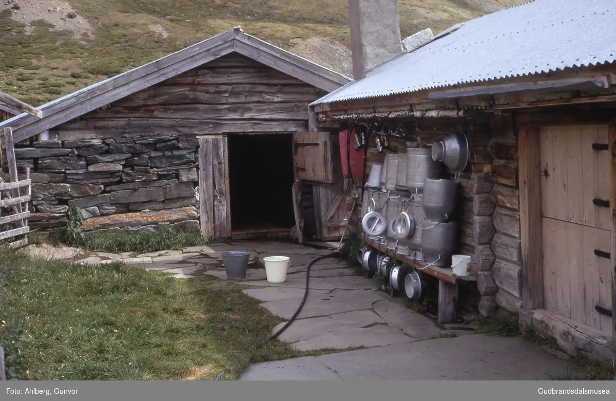 Dovre 1971
Mjølkespann til tørk, Tverrlisetra i Grimsdalen. Seterstugu og fjøs.