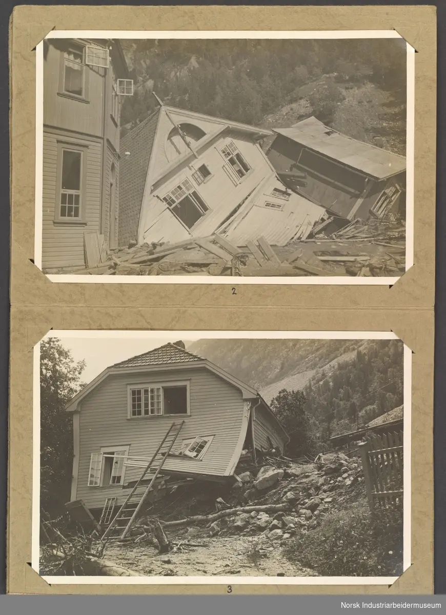 Dokumentasjon av flomødeleggelsene på Rjukan 28.-29. juni 1927. Flere hus, bygninger broer og veier ble ødelagt.