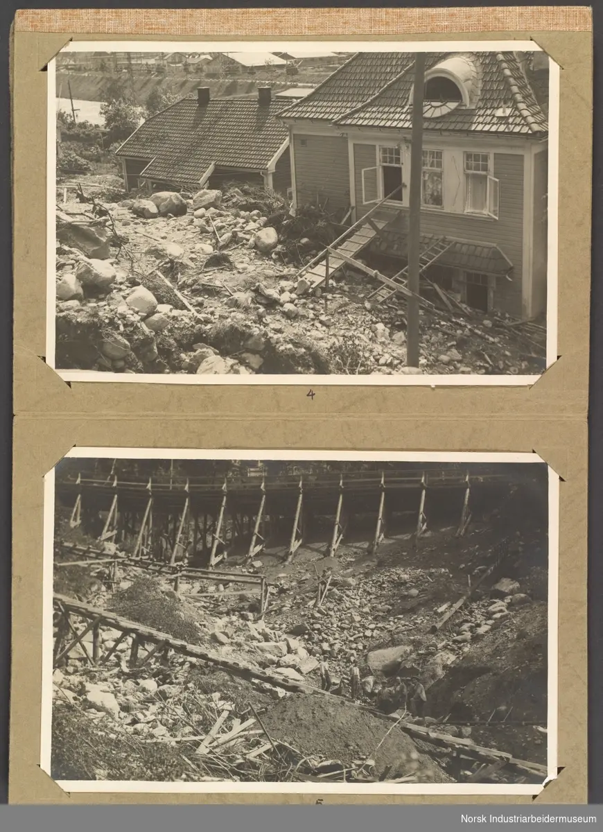 Dokumentasjon av flomødeleggelsene på Rjukan 28.-29. juni 1927. Flere hus, bygninger broer og veier ble ødelagt.