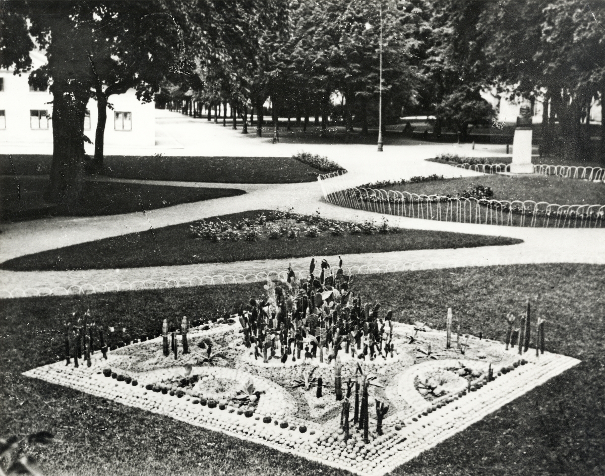 Kaktusplanteringen i Linnéparken. I bakgrunden skymtar elverket och bysten över Carl von Linné.