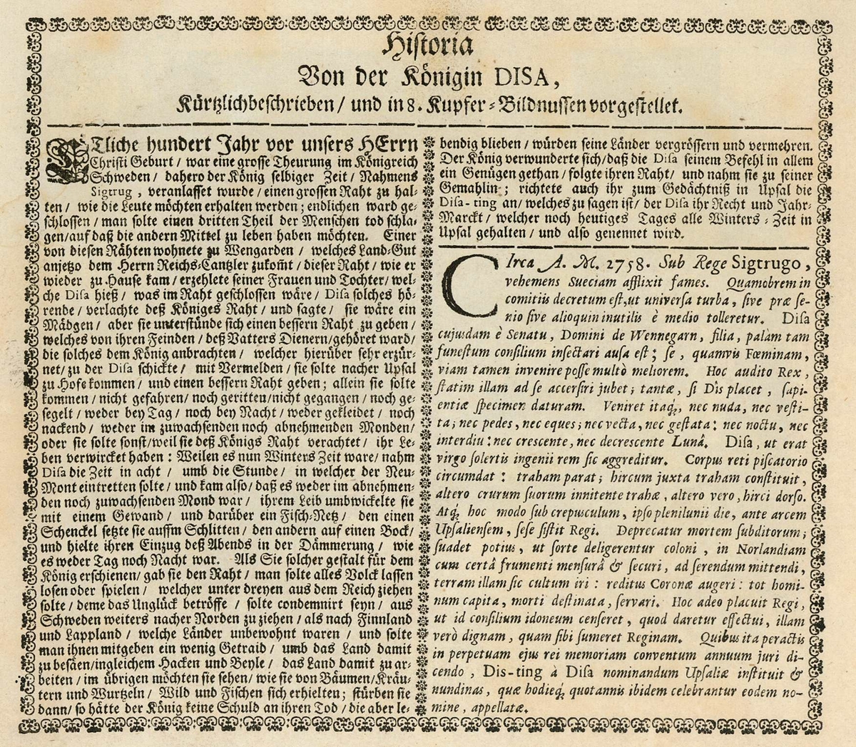 Text till historien om drottning Disa. Inledande text till åtta kopparstick som illustrerar berättelsen.