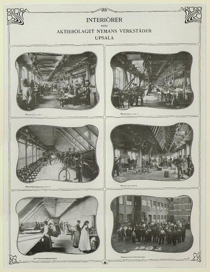 Interiörbilder från cykelfabriken Nymans verkstäder, senare Nymanbolagen AB, Uppsala 1903