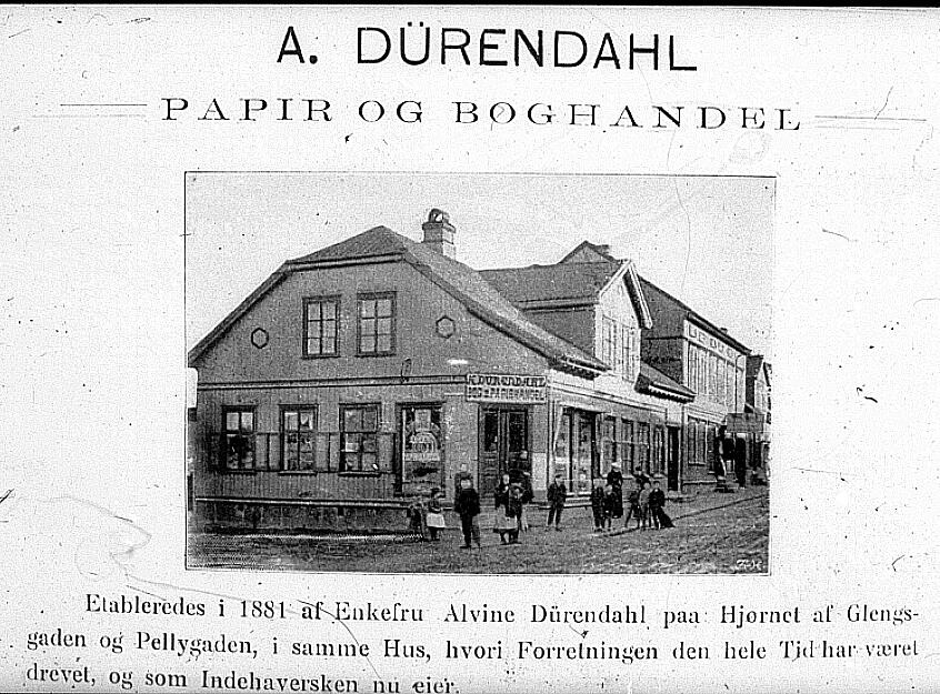 A. Dürendahl papir og boghandel på hjørnet av Glengsgaten og Pellygaten