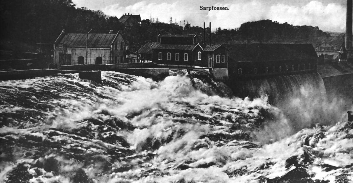 Sarpsfossen i flom og Hafslund industrier