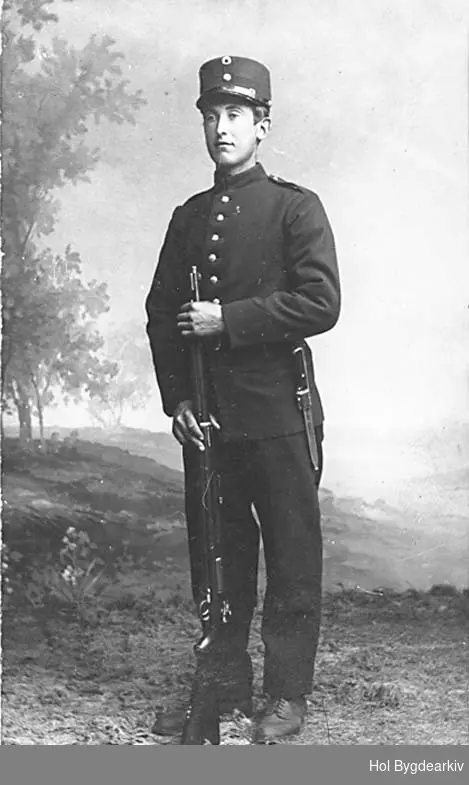 Portrett, mann, soldat, militær, uniform, bajonett, gevær,