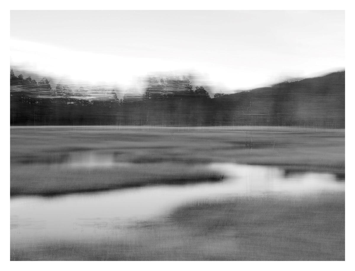 Svart/hvitt foto av landskap med vann. Bildet er utydelig som om man har tatt det i fart av noe som flimrer forbi