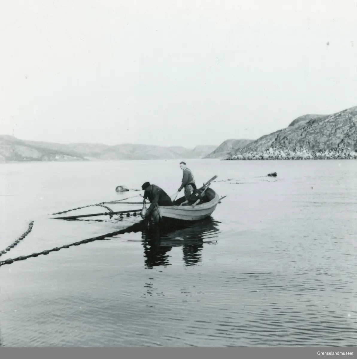 Laksenota Selnes - Reinøysund. Brødrene Gade i arbeid med dobbelnota. 