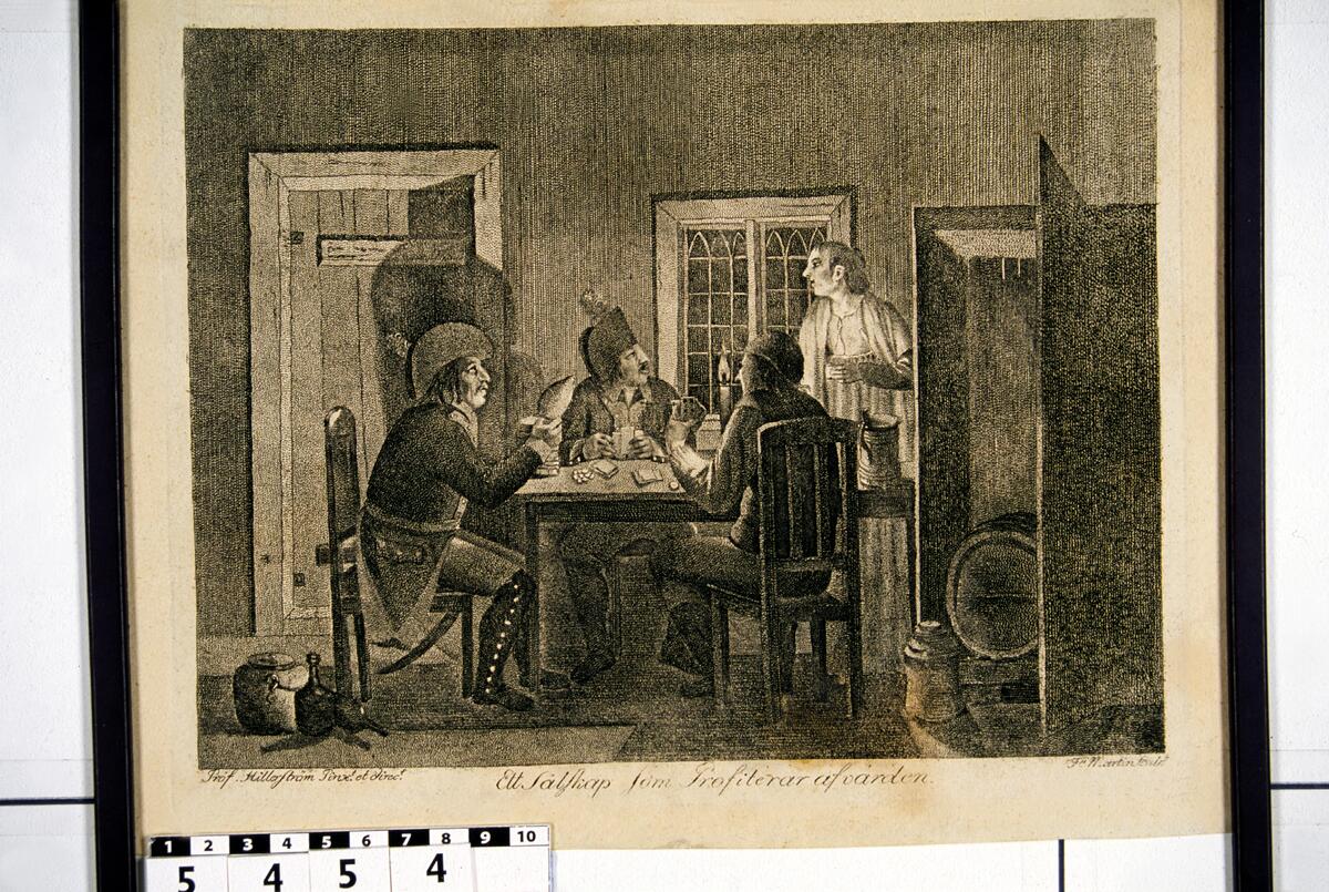 Historisk bild av kortspelade män i uniform. Tecken av tryckplattan på litografiet.