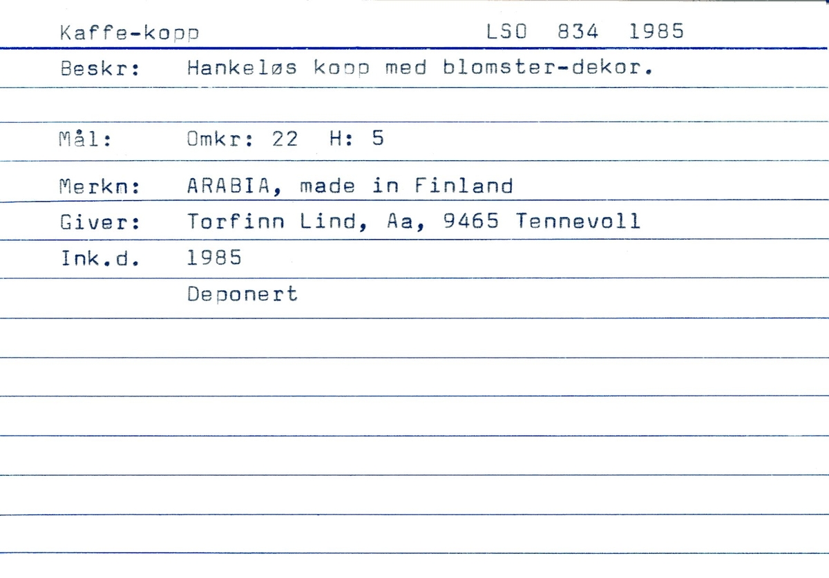 Kopp. Hvitglasert porselen. Innsnevring mot bunnen. Mangler hank. To felt med blomsterdekor. Grønn linje langs munning.