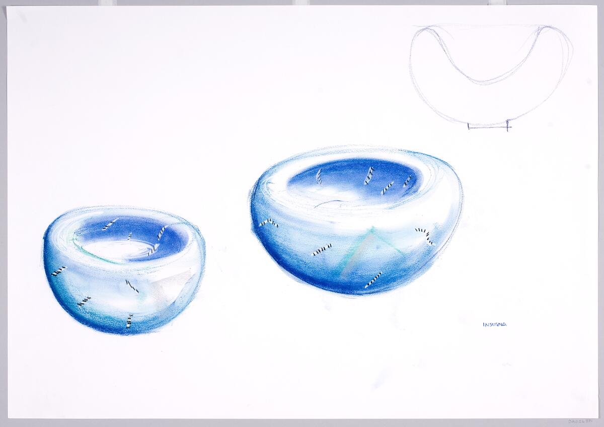 Skiss till två skålar i serien Satellite som utkom i Artist Collection undet 1990-talet. Skissen visar två skålar i tjockt glas med kraftig, rundad form. Dekoren är ingjuten i glasmassan.