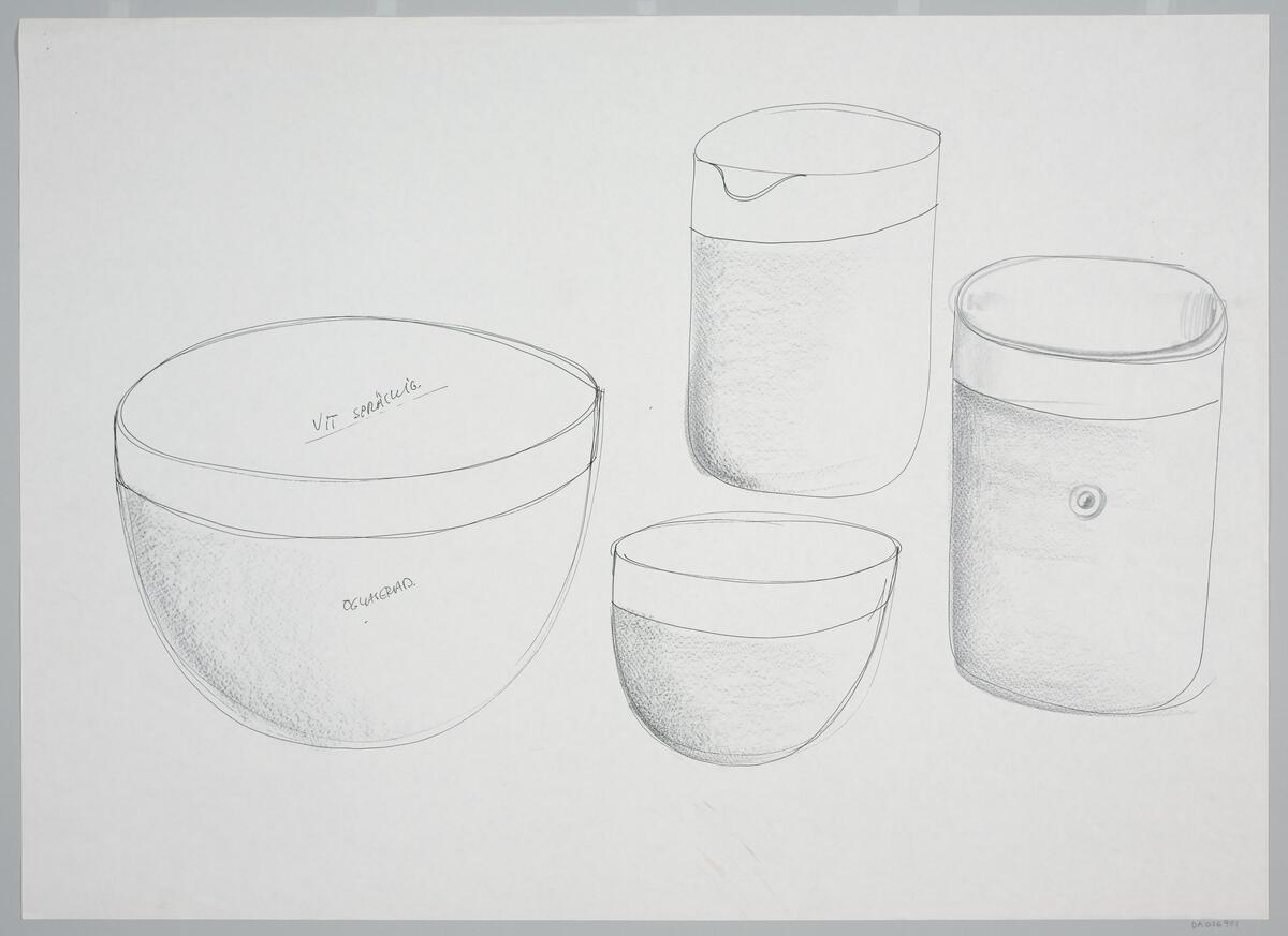 Skissförslag till keramikföremål med oglaserad utsida och glaserad insida. Två skålar, en vas eller skål med pip eller handtag samt en vas med enkel dekor i form av en prick finns på skissen. Föremålen kom aldrig i produktion.