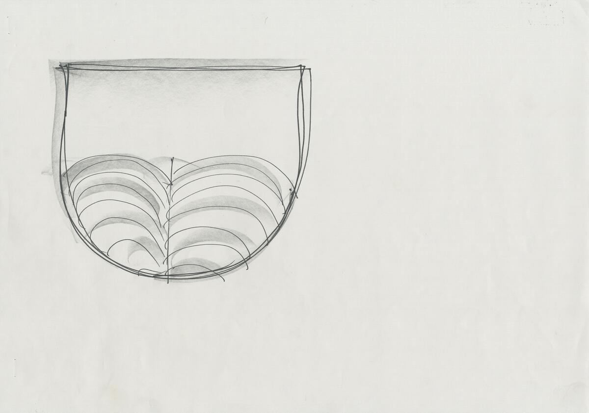 Skisser till ett antal skålar  runda, cylindriska, fyrkantiga, med olika typer av dekor i form av ovaler, kryss, fläckar m m. Noteringar.