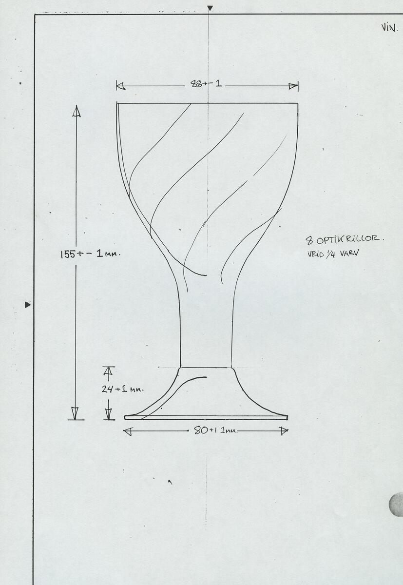 Skisser och mallar till en serie servisglas med rund optikkupa och kraftigt ben. Även ett tillverkningsschema från Kosta glasbruk är inkluderat.