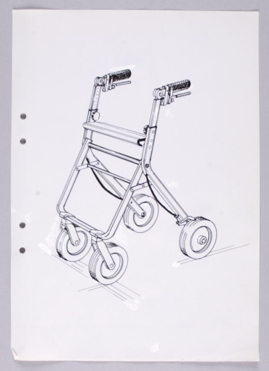 Skisser, idéskisser och ritningar till rollatorer och tillhörande detaljer. Noteringar och måttangivelser. Även referensmaterial innehållande kopia på patentregistrering, offerter, faktureringsunderlag, kravspecifikation, intervjuer med patienter m m.