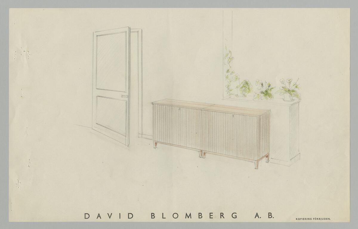 Skiss två sideboard, med lodrät randig yta, i miljö. Skissen märkt David Blomberg AB
