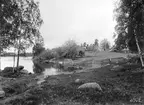 Sjövalla i Vårdsnäs en sommarsdag 1902. Den till synes pastorala idyllen understryks av det faktum att stugan låg på den jord socknens kyrkoherde disponerade. Oaktat detta var nog slitet på de små tegarna detsamma. Vid tiden för bilden bodde här makarna Emil Ludvig Berglund och Emma Christina Persdotter. Hon var född här och länge hemmadotter som såg ut att ha hamnat på glasberget. 40 år fyllda hade hon mött sin blivande make och nu hade paret två döttrar. I hushållet logerade även före detta småskollärarinnan Kristina Charlotta Bong. Sannolikt är det några av de beskrivna personerna vi skymtar i bilden.

Anm: Platsen lokaliserad med hjälp av Vårdnäs hbf.