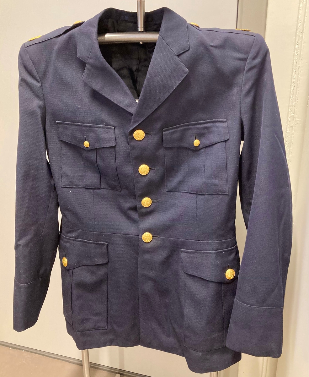 Uniformsjakke for svensk politi. Mørkeblå med gullfargede metallknapper.
