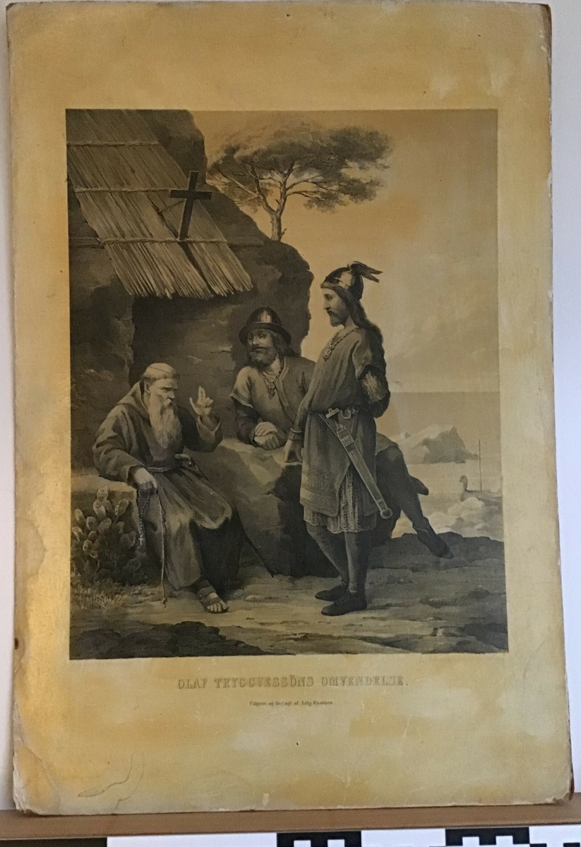 Plansje brukt i undervisning. Bilder til Norgeshistorien; "Olav Trygvasons omvending". 