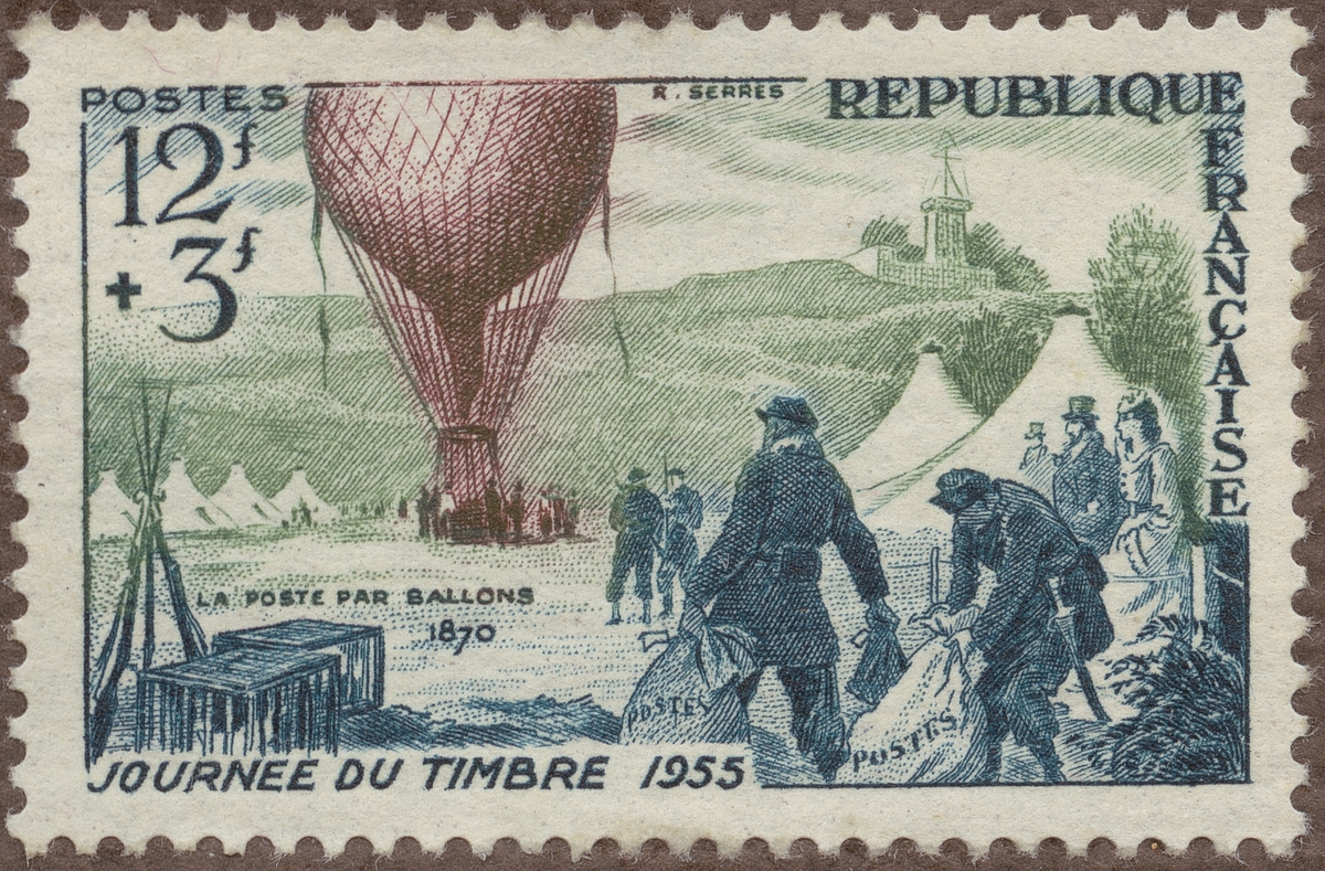 Frimärke ur Gösta Bodmans filatelistiska motivsamling, påbörjad 1950.
Frimärke från Frankrike, 1955. Motiv av Fransk ballongpost under Paris belägring år 1870. Lådor för brevduvor Optisk telegraf "Frimärkets dag 1955."