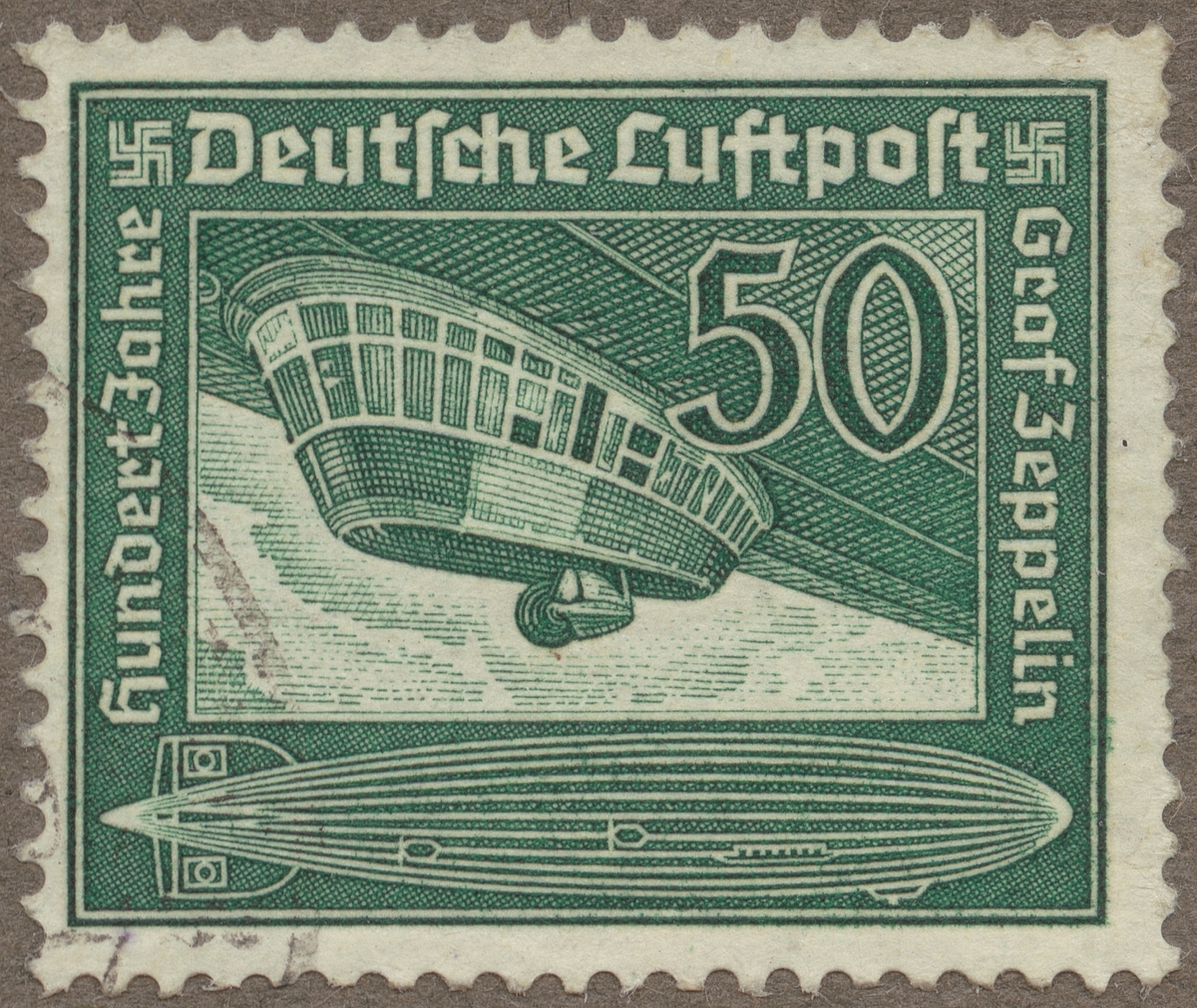 Frimärke ur Gösta Bodmans filatelistiska motivsamling, påbörjad 1950.
Frimärke från Tyskland, 1938. Motiv av Gondolen till ett Zeppelinluftskepp av år 1938. Tyskland. "100-årsminnet av Graf Zeppelins födelse: 1838-1938."