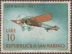 Frimärke ur Gösta Bodmans filatelistiska motivsamling, påbörjad 1950.
Frimärke från San Marino, 1962. Motiv av Louis Blériot: 1909 